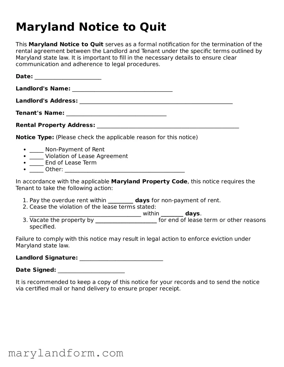 Official  Notice to Quit Template for Maryland