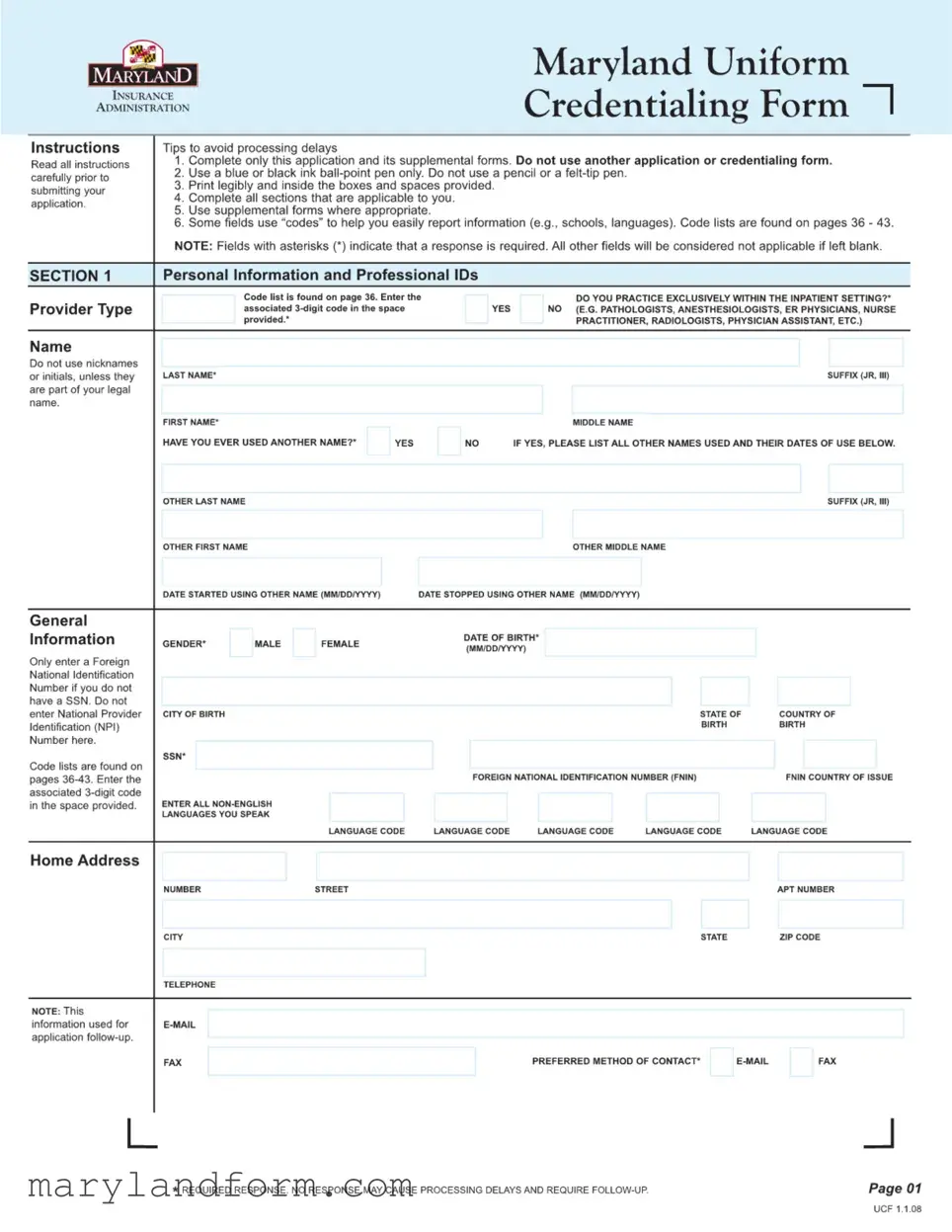 Maryland Uniform Credentialing Template in PDF