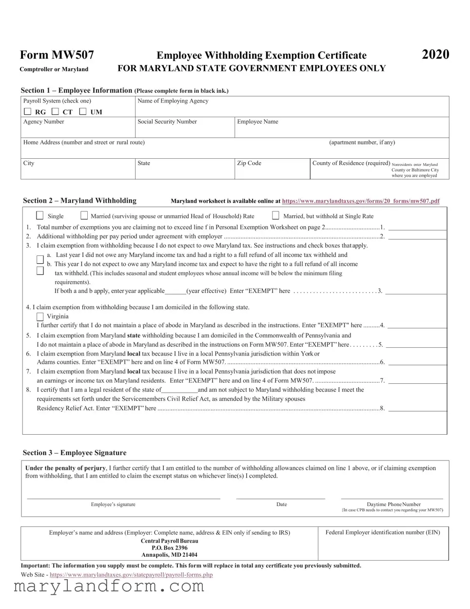 Maryland W4 Template in PDF