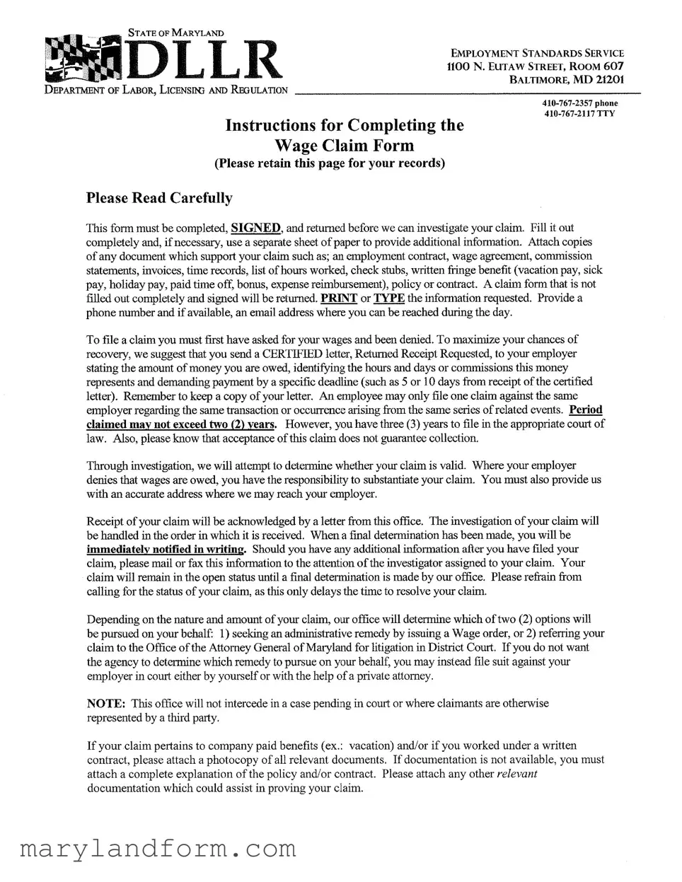 Maryland Wage Claim Template in PDF