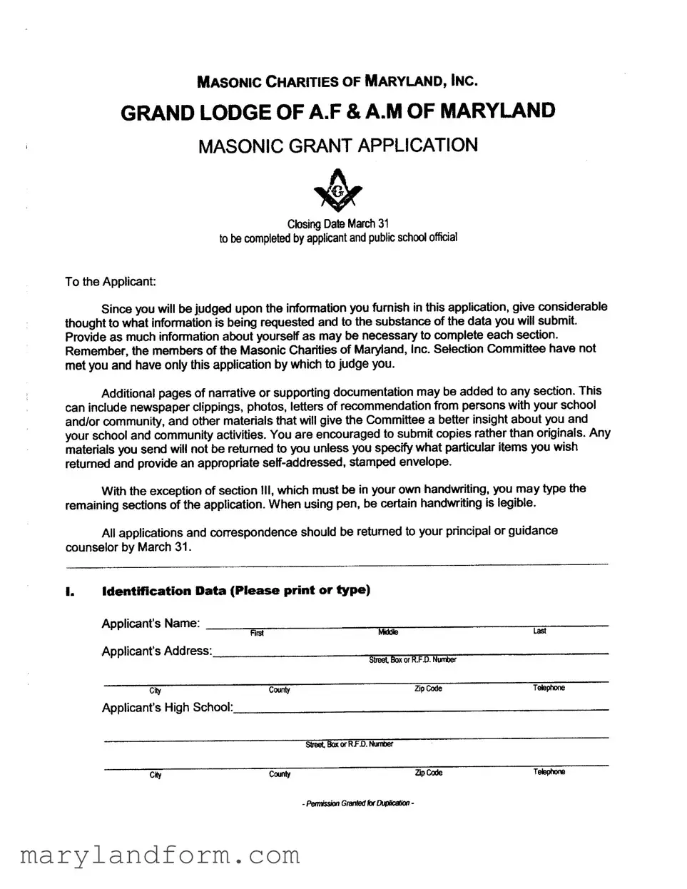 Masonic Lodge Scholarship Application Maryland Template in PDF