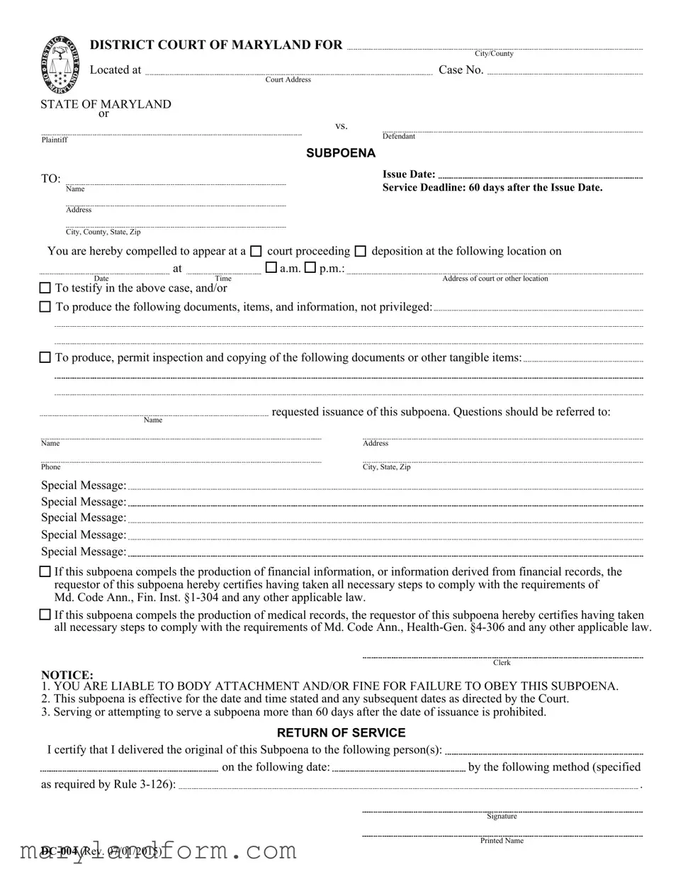 Md Subpoena Template in PDF