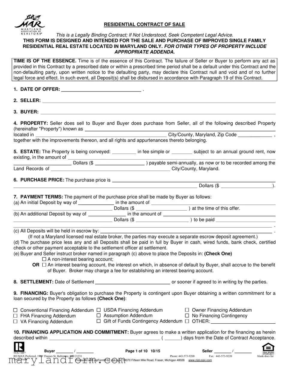 Real Estate Sales Agreement In Maryland Template in PDF