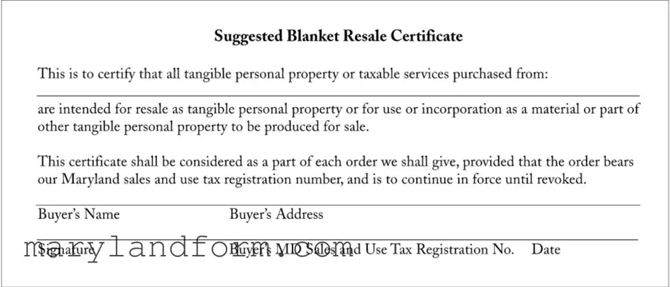 Resale Certificate Maryland Template in PDF