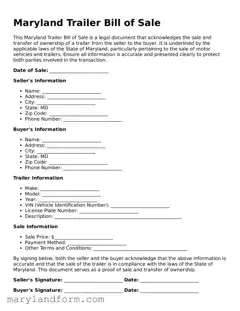 Official  Trailer Bill of Sale Template for Maryland