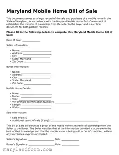 Official  Mobile Home Bill of Sale Template for Maryland