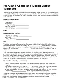 Official  Cease and Desist Letter Template for Maryland