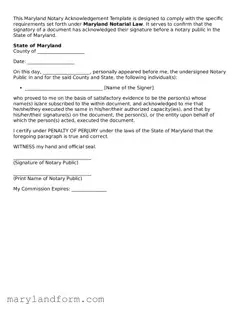 Official  Notary Acknowledgement Template for Maryland