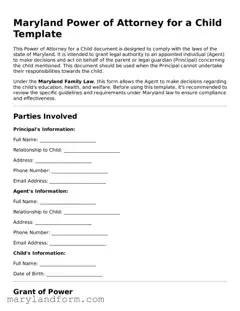 Official  Power of Attorney for a Child Template for Maryland