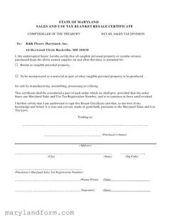Maryland Sales And Use Tax Resale Certificate Template in PDF