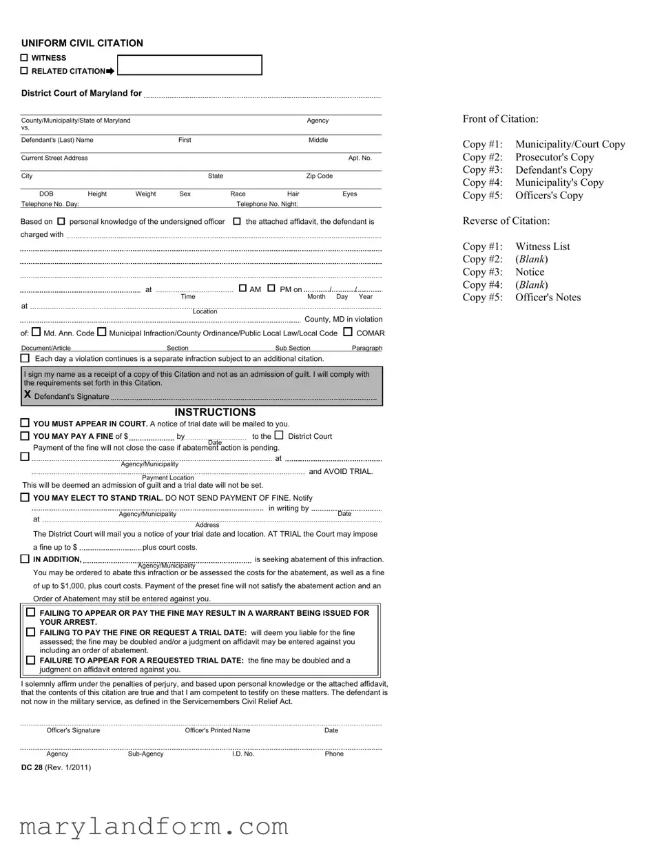 Were Is The Citation Number On A Maryland Civil Citation Template in PDF