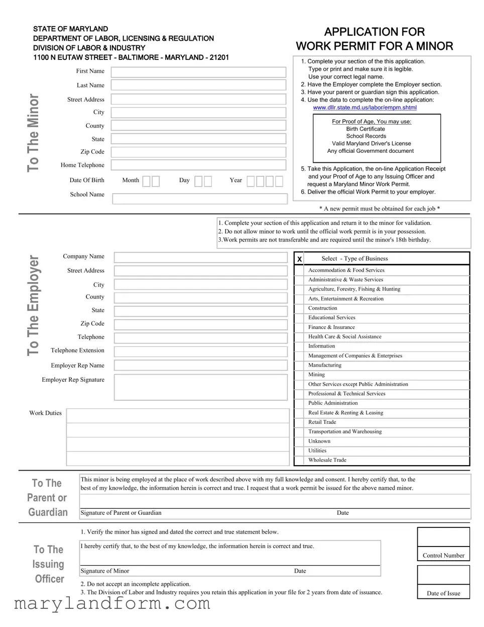 Workers Permit Maryland Template in PDF